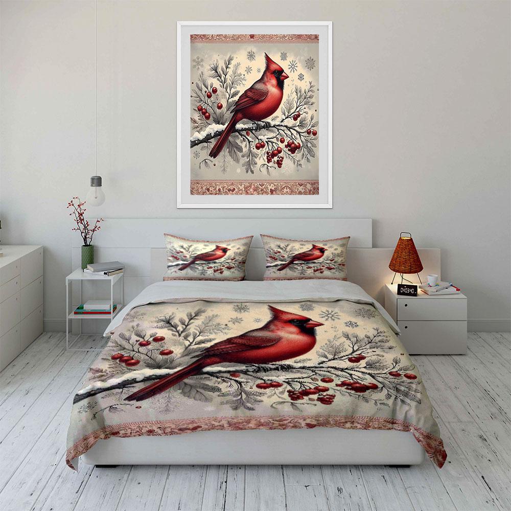 Red Cardinal on Winter Branch Bedding Duvet Cover Set Duvet Cover Pillowcases (1*Duvet Cover 2*Pillowcases, without duvet insert)