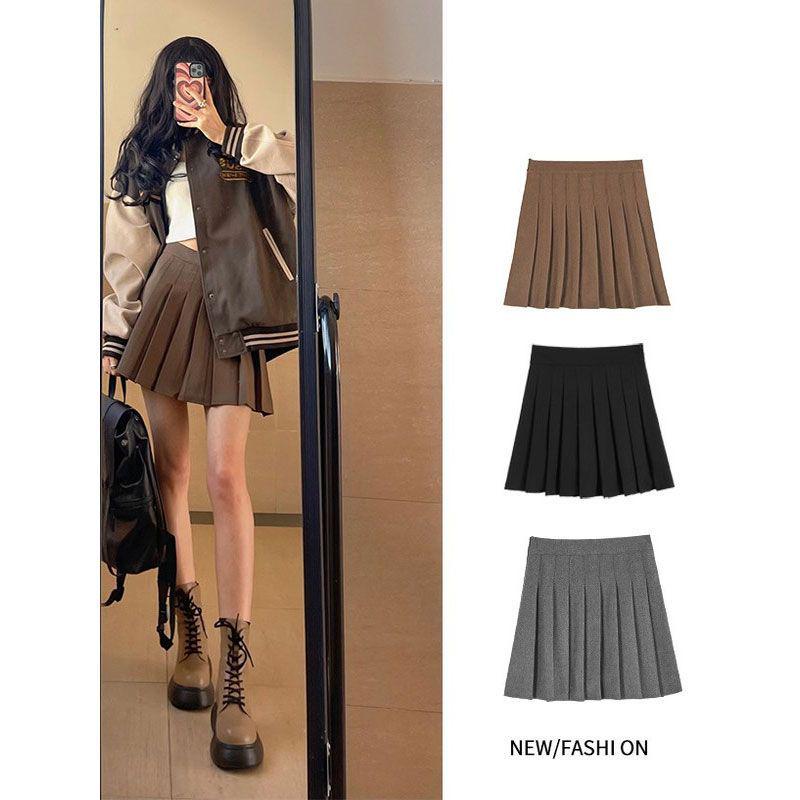 

Women s A-Line High-Waist Dark Grey Wool Blend Midi Skirt: Pleated & Slimming for Spring, Autumn, and Winter S