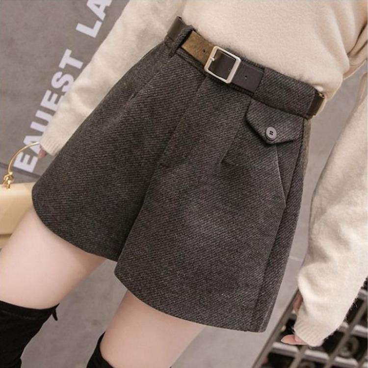 Women's High Waist Tweed Wide Leg Pants Casual Thick Slim Shorts