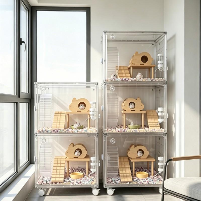 Transparent Acrylic Hamster Cage With Wheels Leak-Proof Sand Tray Stackable Easy-Clean Design Indoor/Outdoor Use