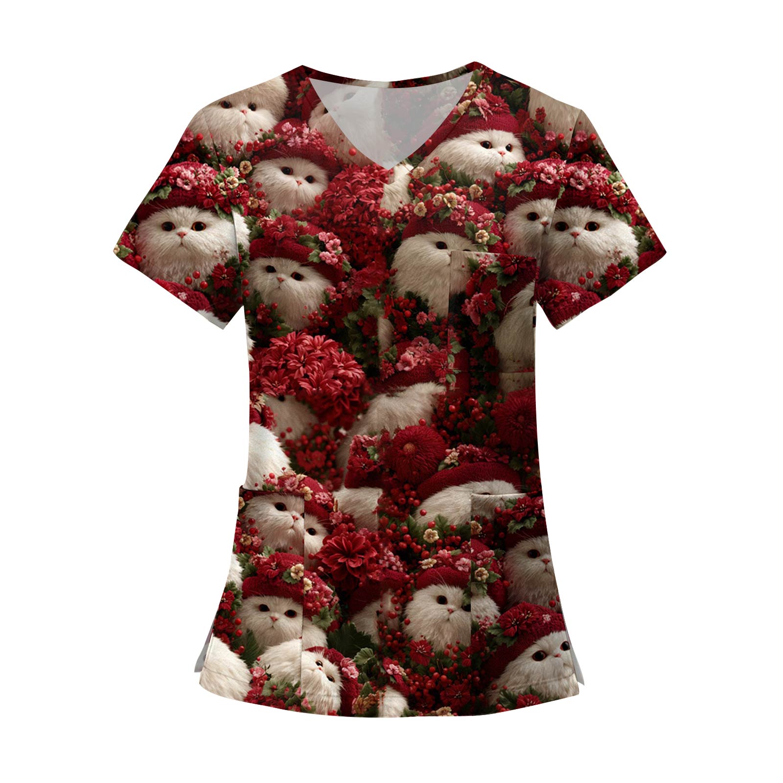 

Женские модные топы с короткими рукавами и V-образным вырезом с принтом, рабочие футболки с карманами L винный