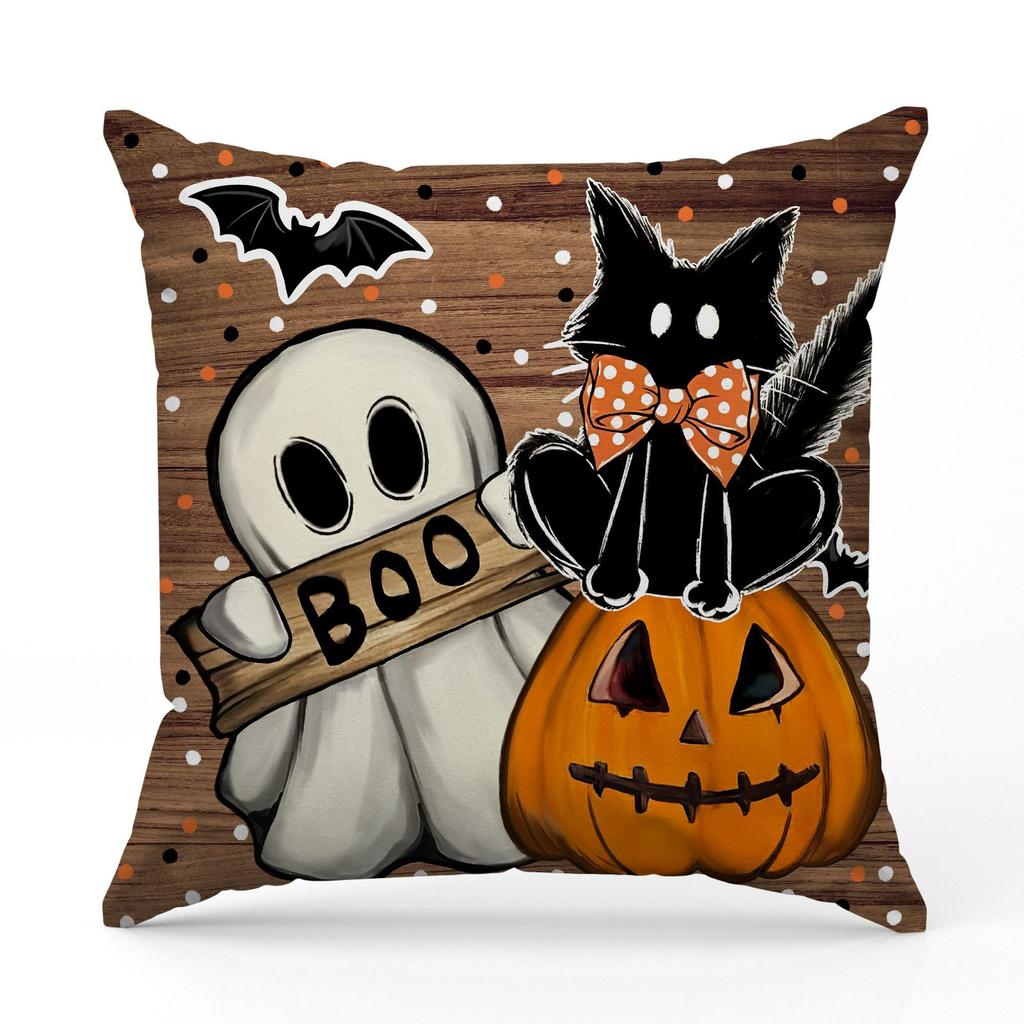 New Halloween Throw Pillow Cover, Festive Atmosphere Arrangement Cushion Cover, Short Plush Pumpkin Print Sofa Cushion
