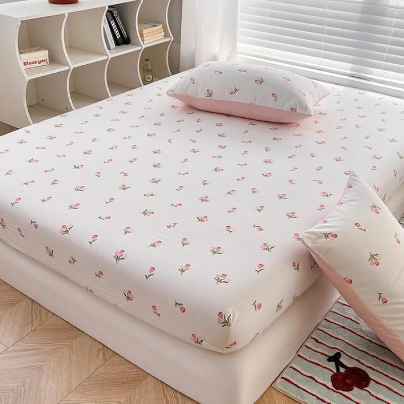 

New machine washable fitted sheet non-slip all-inclusive mattress protective cover student fitted sheet three-piece set 90x200cm 3pcs тюльпан кольору