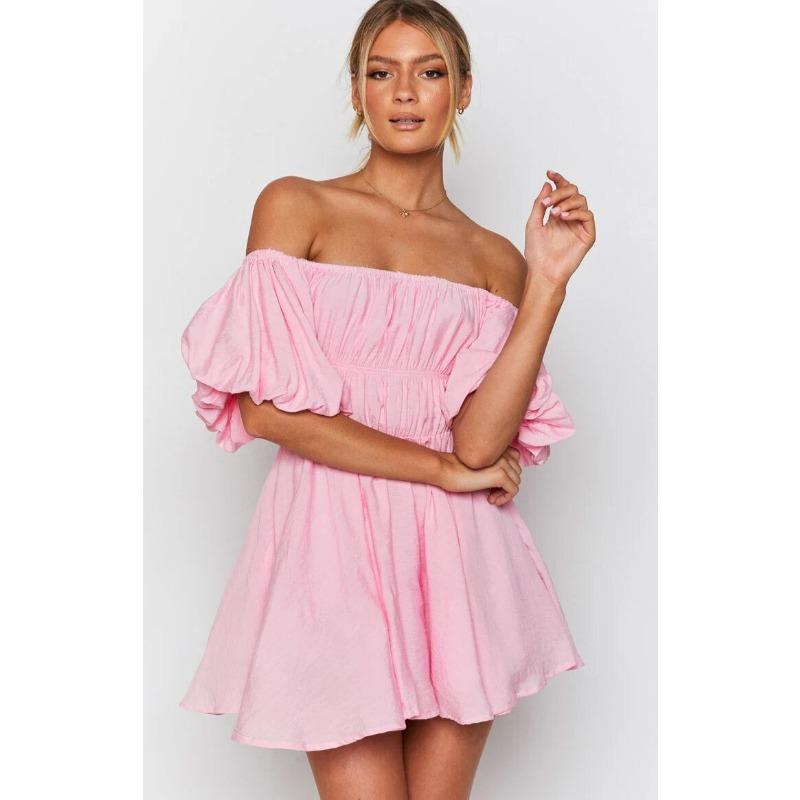 Dámské sexy šaty s jedním ramenem, odhalenými rameny, bublinkovými rukávy, elastickým pasem, svěží, sladké, áčkového střihu