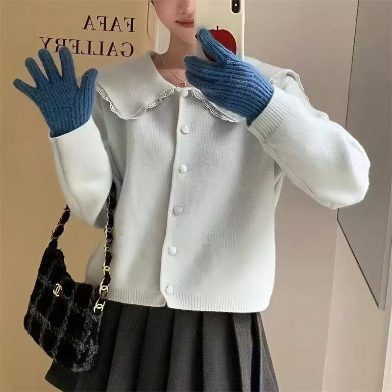 

Gentle wind milk fufu sweet soft waxy lapel collar doll collar heavy industry splicing lace knitted cardigan sweater jacket women average size світло-синій колір