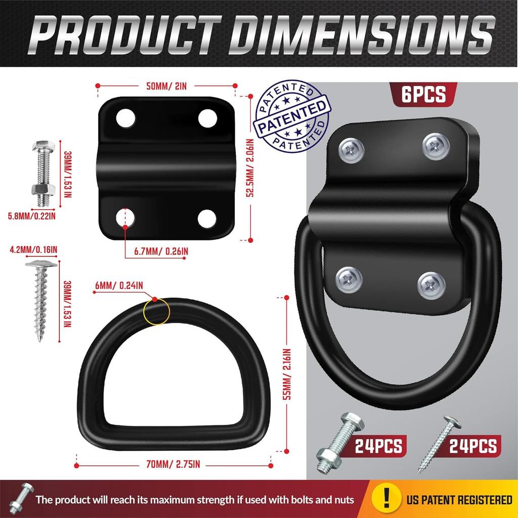 PAMAZY Heavy Duty Steel D-Ring Tie-Down Anchors 6 Pcs Super Durable 3500lb Breaking Strength
