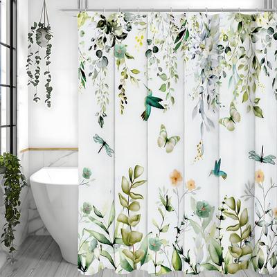 Grünes Blatt Duschvorhang Frühling Botanisch Floral Blätter Nutztiere Wildtiere Schmetterlinge und Kolibris Libellen Rustikal N