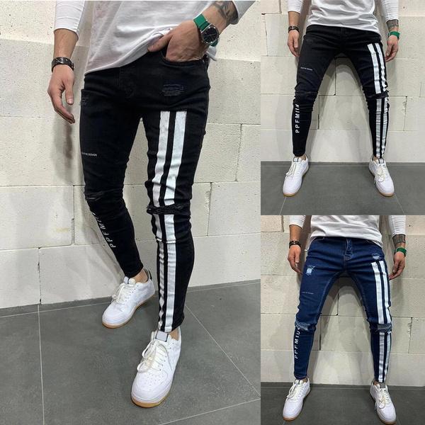 Jeans Menn Skinny Stripete Glidelås Denim Hull Vask Vintage Hip Hop Arbeidsbukser Slim Trykte jeans Europeisk Stor Størrelse