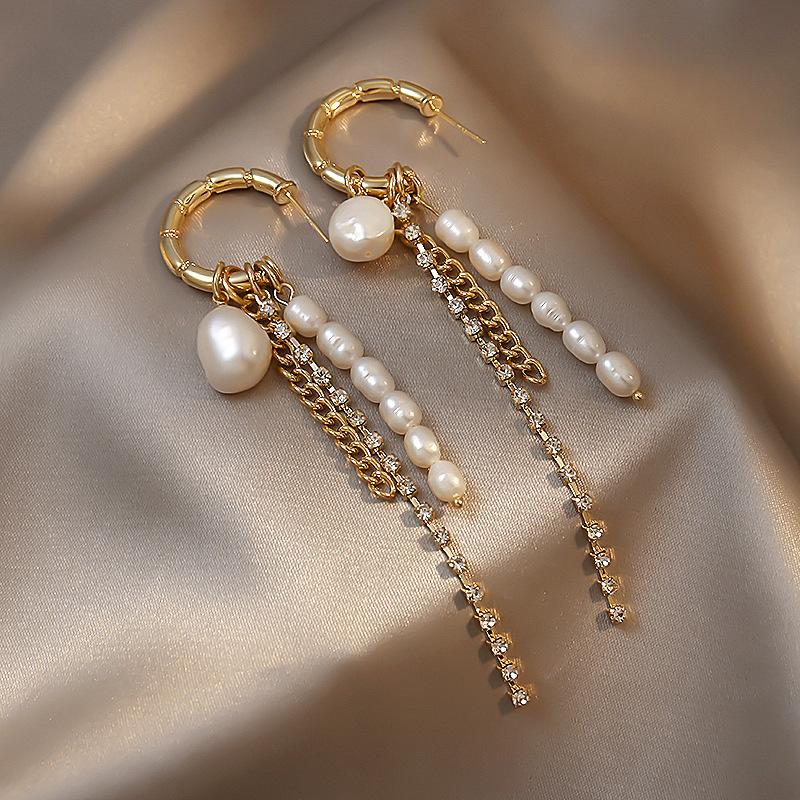 Baroque Pearl Tassel Drop Earrings for Women Shiny Crystal Rhinestone Chain Long C Shape Long Earrings Luxury Party Jewelry Gift