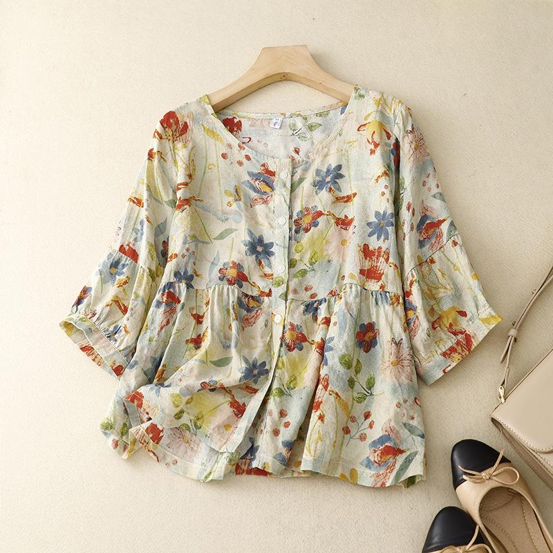 Summer Cotton Linen Floral Top Women's Mid Sleeve Oversized Loose Short Sleeved Shirt