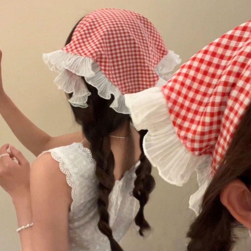 French Blue Plaid Lace Triangle Scarf Headband - Pastoral Style Women's Hair Accessory with Seaside Vibe