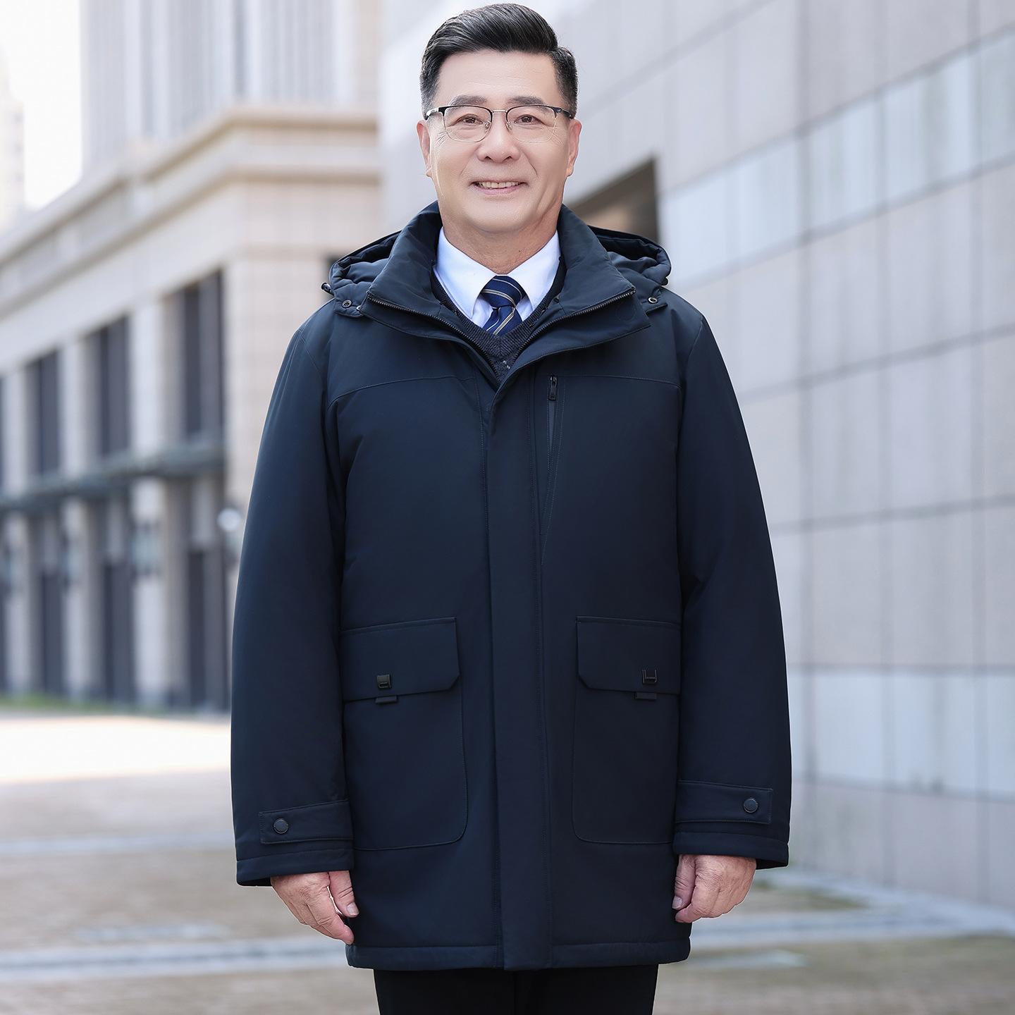 

2025 пуховик для мужчин среднего и пожилого возраста, зимняя теплая куртка средней длины для улицы, деловой наряд для папы 5XL темно-синий