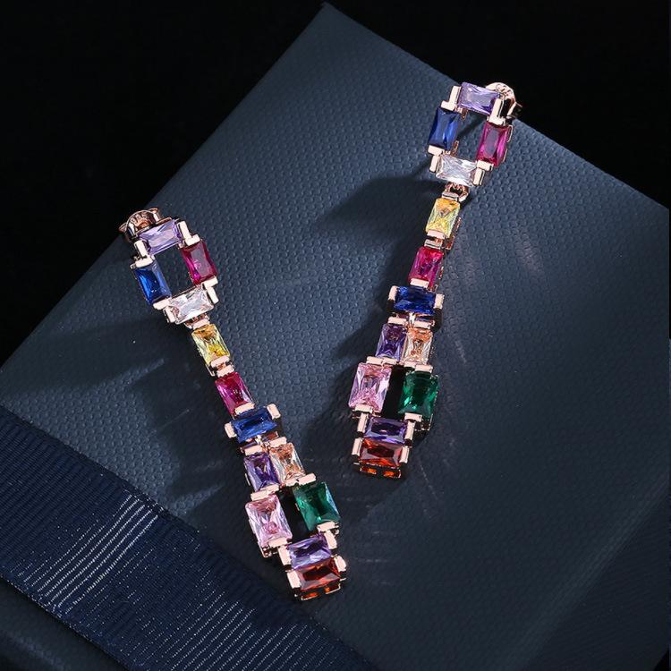 Simulation Colorful Tourmaline Earrings Impact Color Fashionable Earrings Super Sparkling Zirconium Round Face Slim Long Earrings