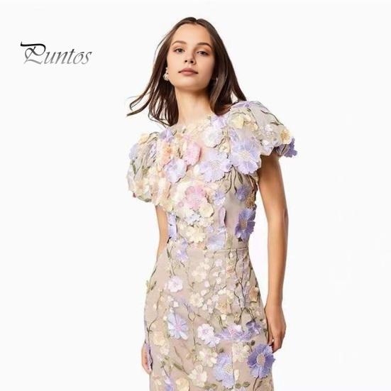 Women Fishtail Dress Round Neck Puff Short Sleeve Embroidered 3D Flower Decor Midi Dress Hip Wrapped Long Dress
