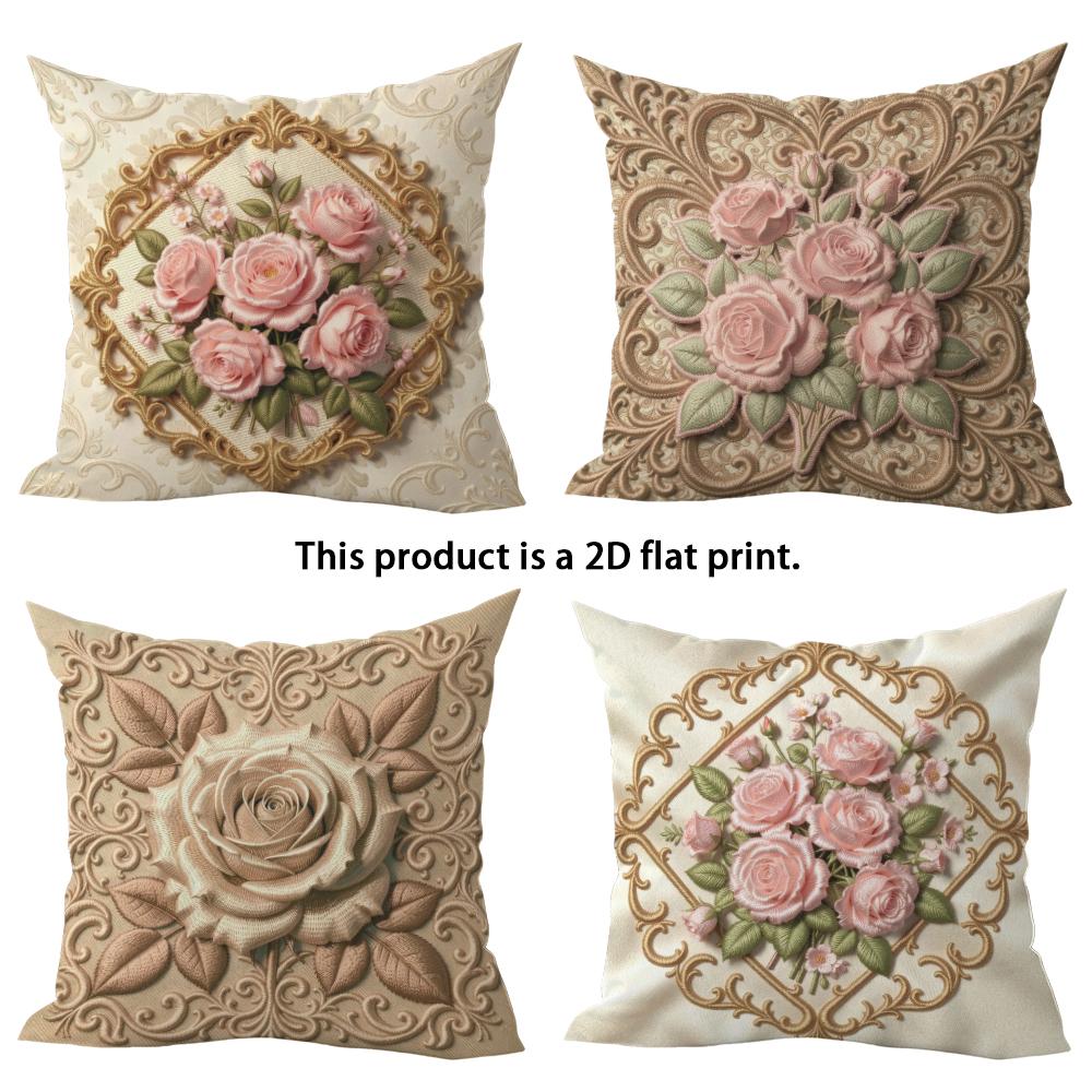 1/4pcs Floral-Patterned Decorative Cushion Covers Sofa Bed Cushion Cover Home Bedroom Decoration, 2D Flat Printing