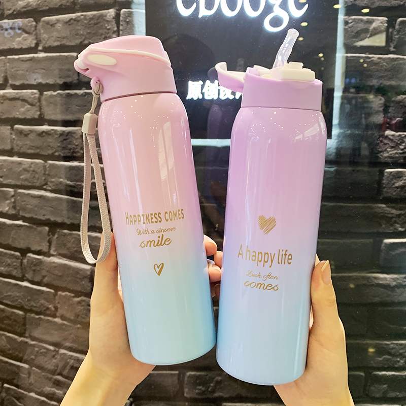 Stainless Steel 480ML Insulated Thermals Milk&Coffee Cup Thermos Straw Water Bottle Gradient Sports Vacuum Flas