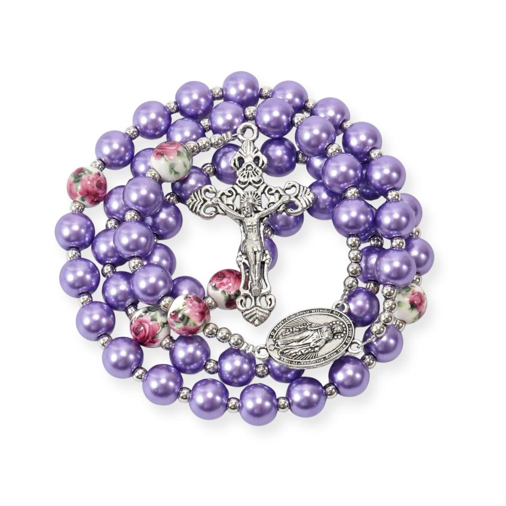 Nazareth Store Purple Pearl Bead Rosary FlowerMetal Necklace Beads Miracle Medal & Cross Rosary Unisex, 1.6" X 0.6" X 21.30", Zinc, No Gemstones.