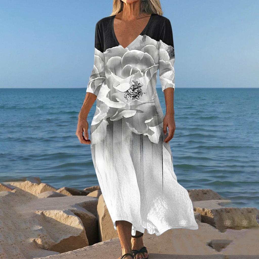 Kjoler For Damer Vintage Print Tunika Midjet Midi Kjole Sommer Hverdagslig 3/4 Ermet Kjole