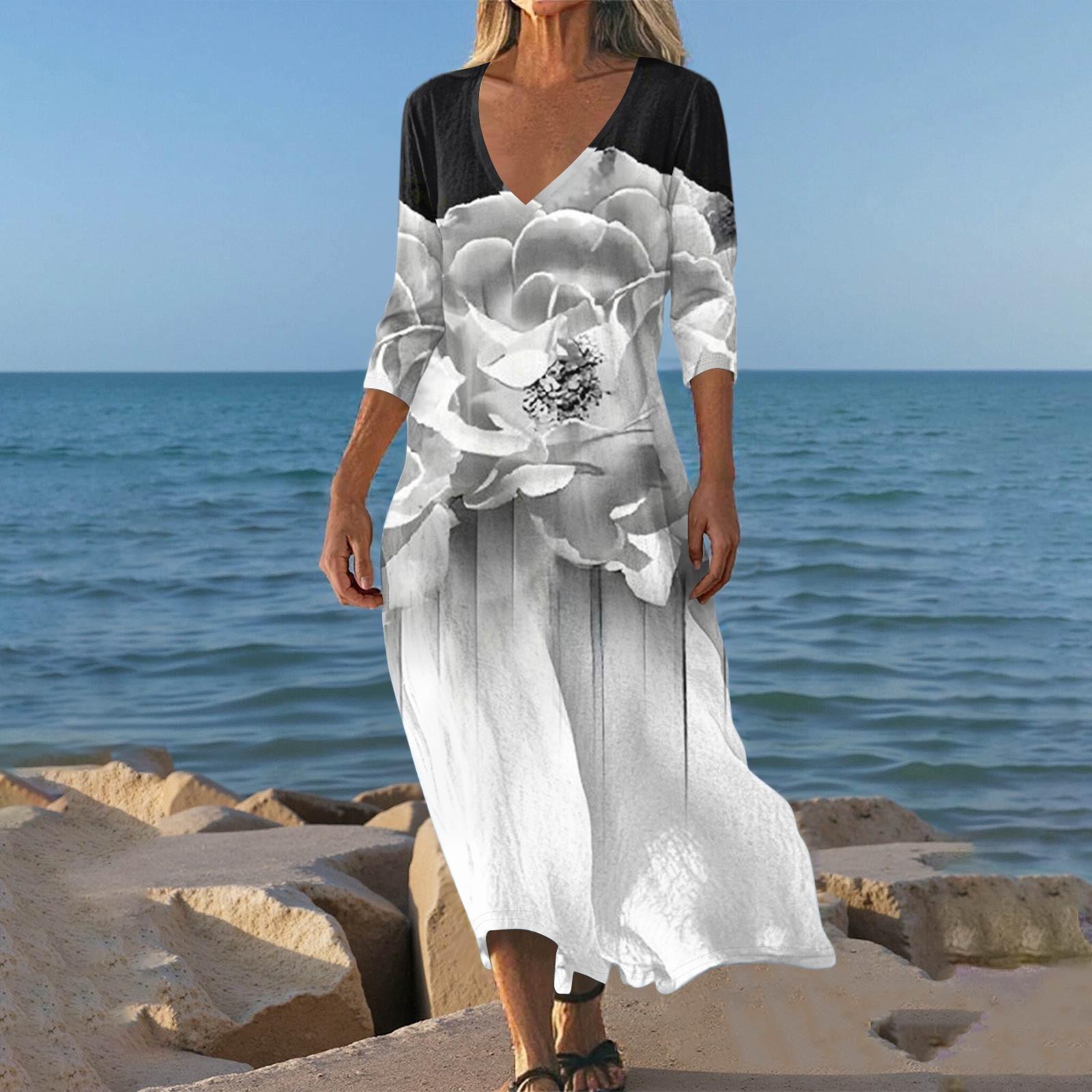 

Платья для женщин Винтажный принт Туника с завышенной талией Миди платье Летнее Повседневное платье с рукавом 3/4 S