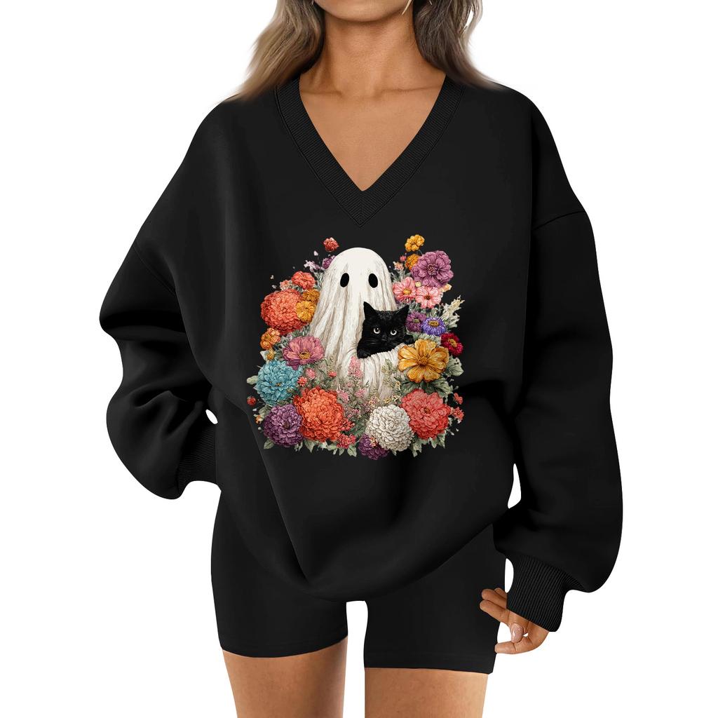 Women's V-neck Dropped Shoulder Halloween Print Sports Sweatshirt Top
