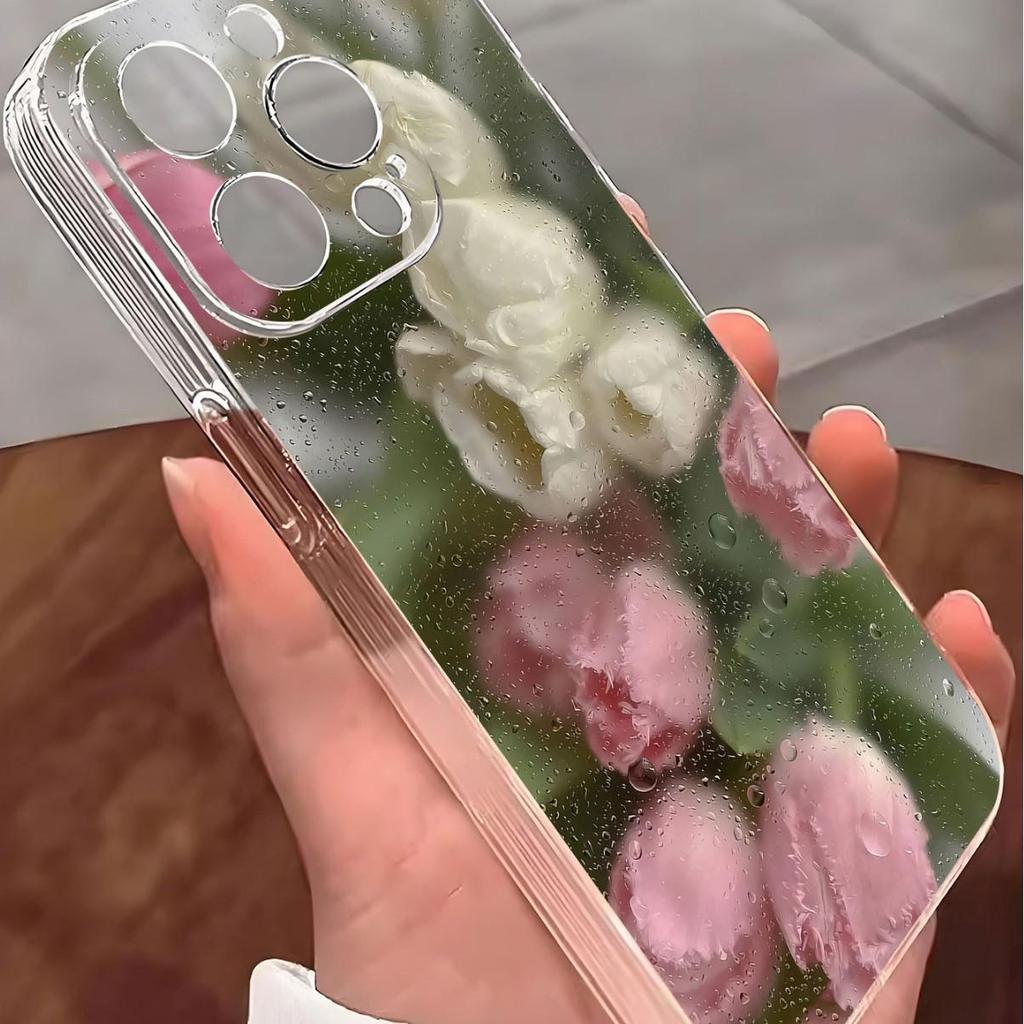 Powder White Tulip Shockproof Clear Case for iPhone 14/15/16/17 Pro Max