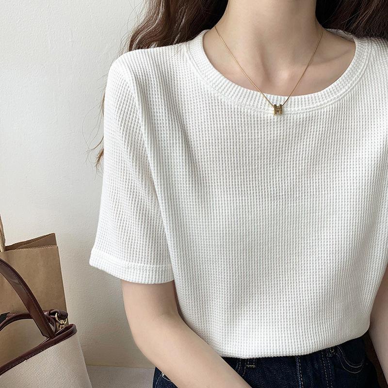 

Летняя футболка с круглым вырезом, однотонная, с короткими рукавами, для женщин, в корейском стиле, студенческая, парная, свободная, повседневный топ для женщин One size белый