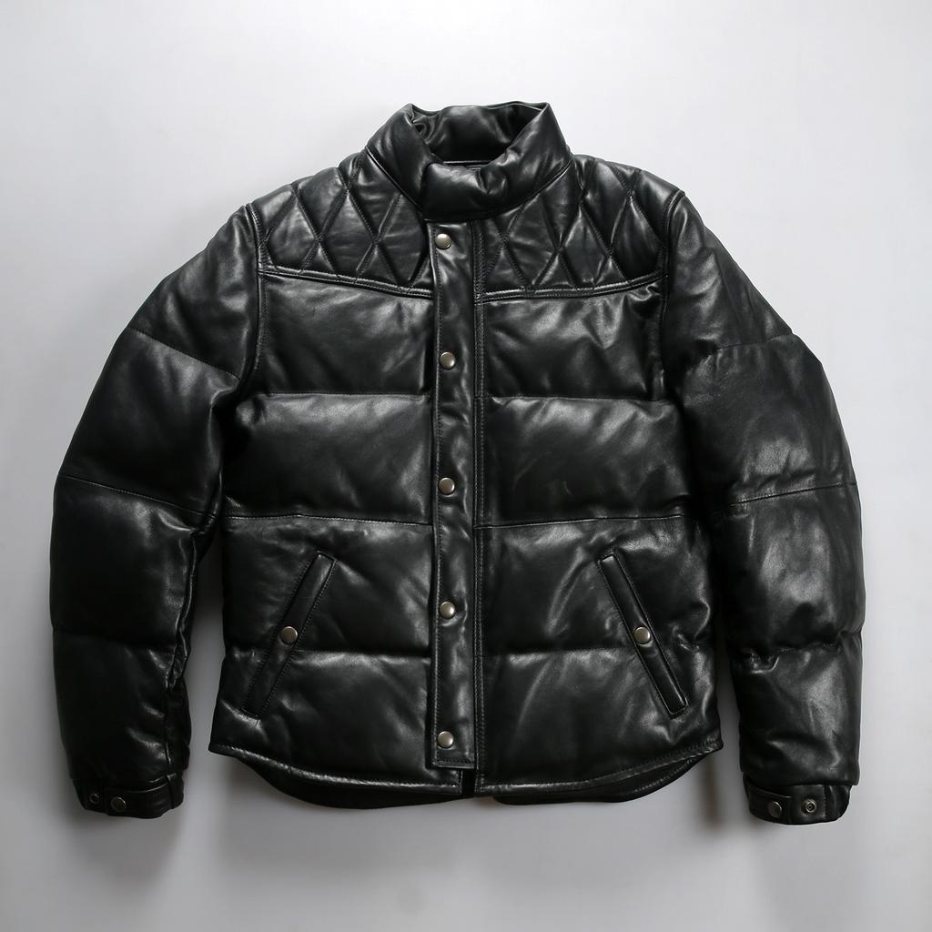 American retro sheepskin leather down jacket men's stand-up collar rhombus quilted thickened sheepskin down jacket leather jacket