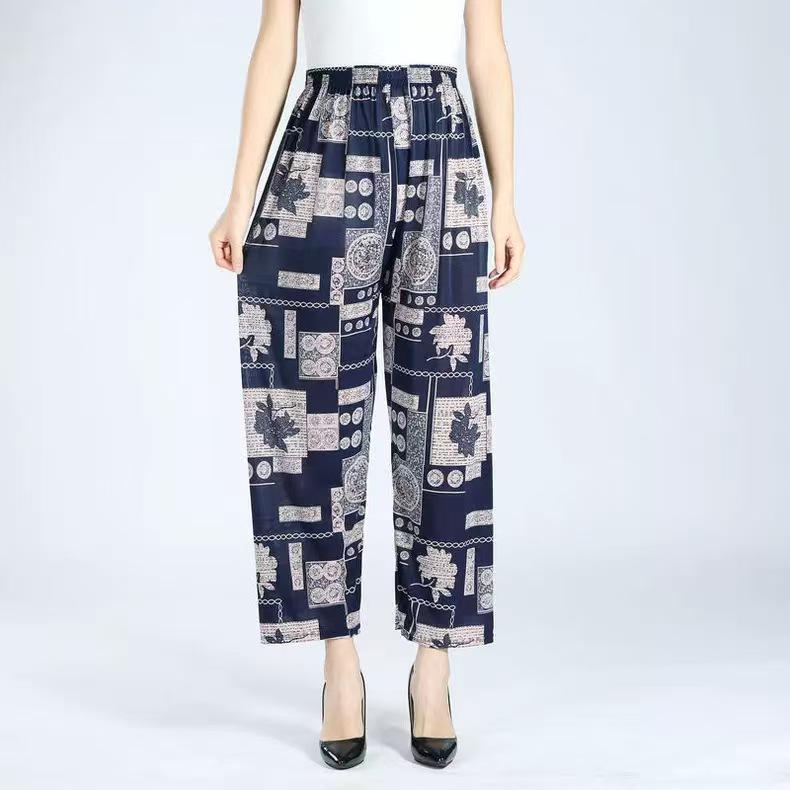 Floral Ice Silk Wide-Leg Pants for Women - Airy, Casual, Nine-Tenths Length