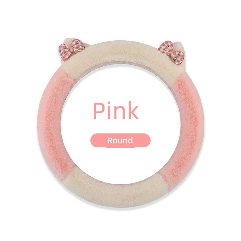 

Cute Plush Bow Car Steering Wheel Cover Protective Cover for Women Winter Warm Anti-Slip Short Plush Handlebar Cover Pink [Round]