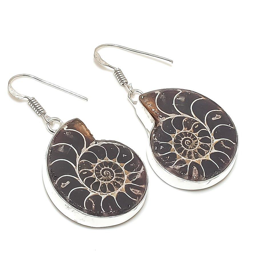 Ammonite Fossil Gemstone Handmade 925 Sterling Silver Jewelry Earring 1.89" H2w65