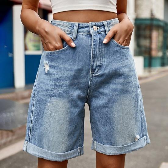 Summer Women Denim Shorts Mid Waisted Knee Length Stretchy Casual Wide Straight Leg Distressed Cuffed Jeans Short Pants with Pockets