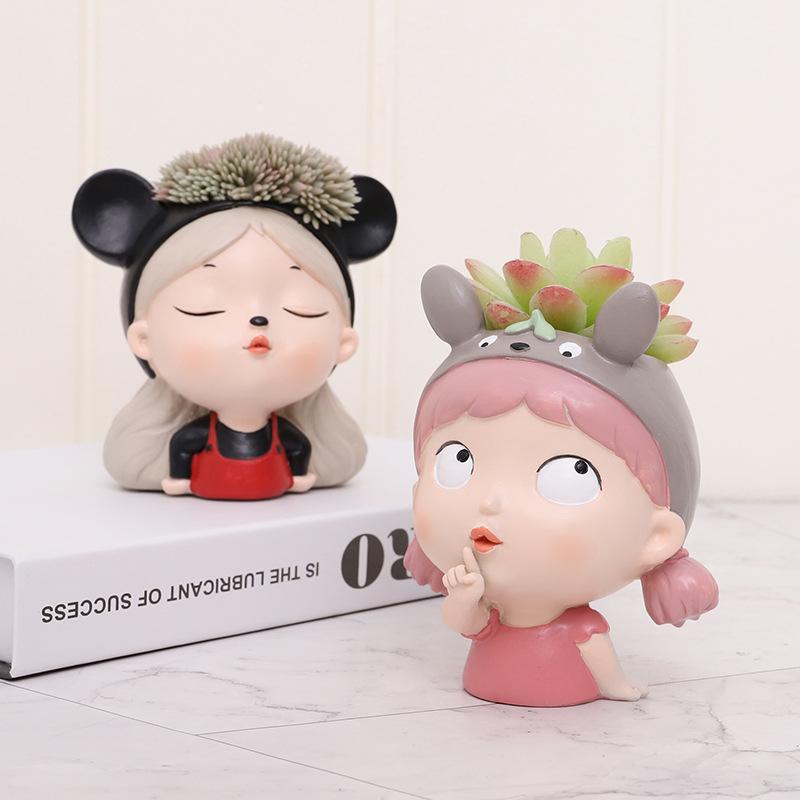 Cute Girl Mini Garden Pot, Cartoon Portrait Flower Pots for Succulents Planter, Fairy Garden Decorative Figurine Desktop Decor
