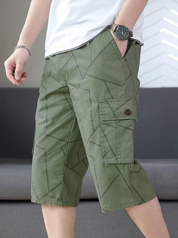 Men's Summer Striped Over-the-Knee Cargo Shorts with Multi-Pockets