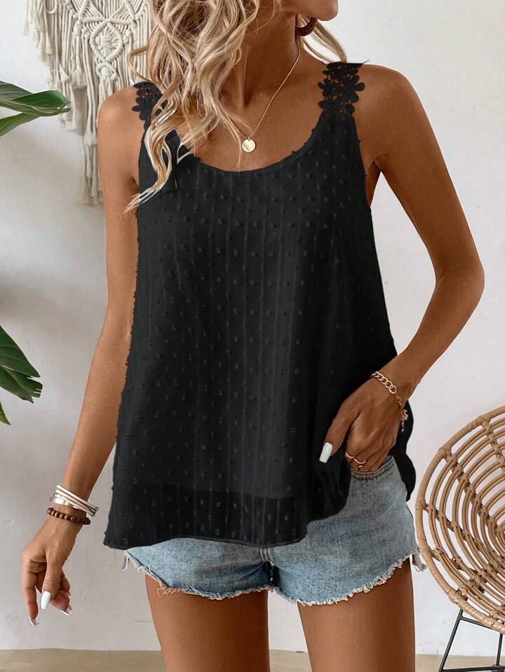 

Summer Holiday Ladies Solid Color Swiss Bumps Simple Daily Lace Lace Sleeveless Vest S чёрный