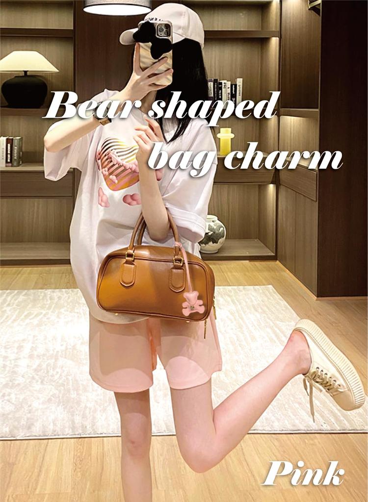Brown Plush Bear Keychain Bag Charm with Leather Cord, Korean Style, Women's Bag Ornament, Stylish and Cute, Leather, for Women