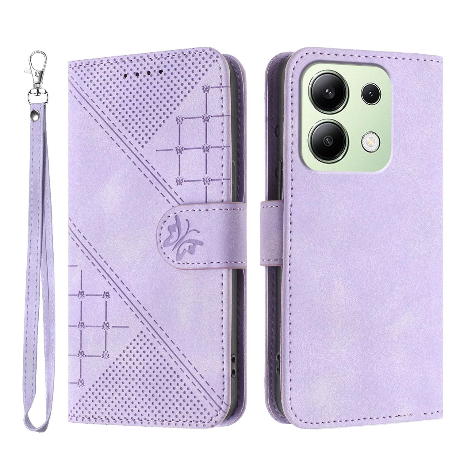 

For Xiaomi Redmi Note 13 4G Leather Wallet Case Butterfly Flower Imprinted Phone Cover with Strap Purple