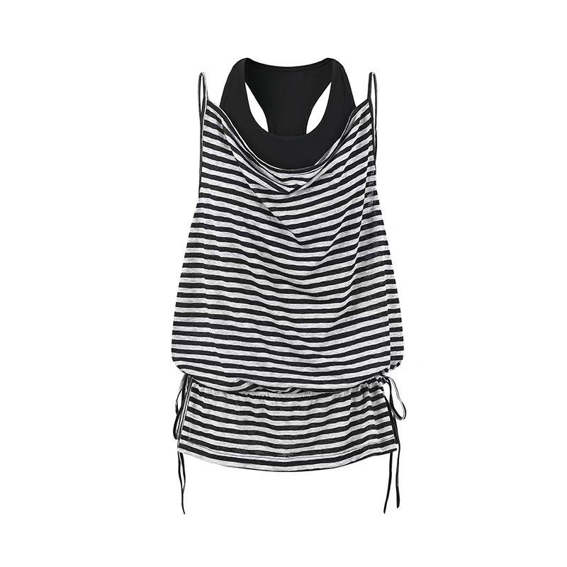 American retro striped swing neck sling vest women's summer Korean relaxation stacked waist thin meat cover top
