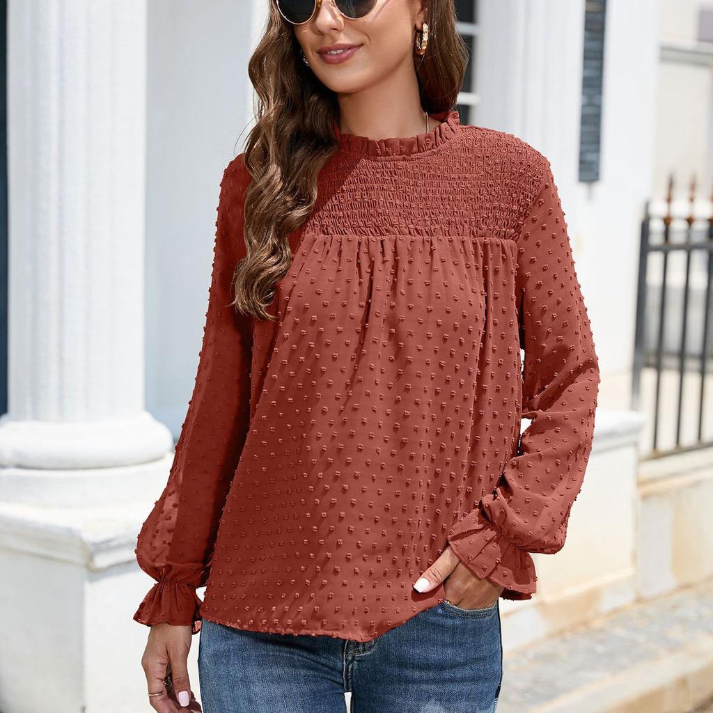 HNXC Women's Fashion Casual Summer Solid Color Print Long Sleeve O-Neck Blouses & Shirts