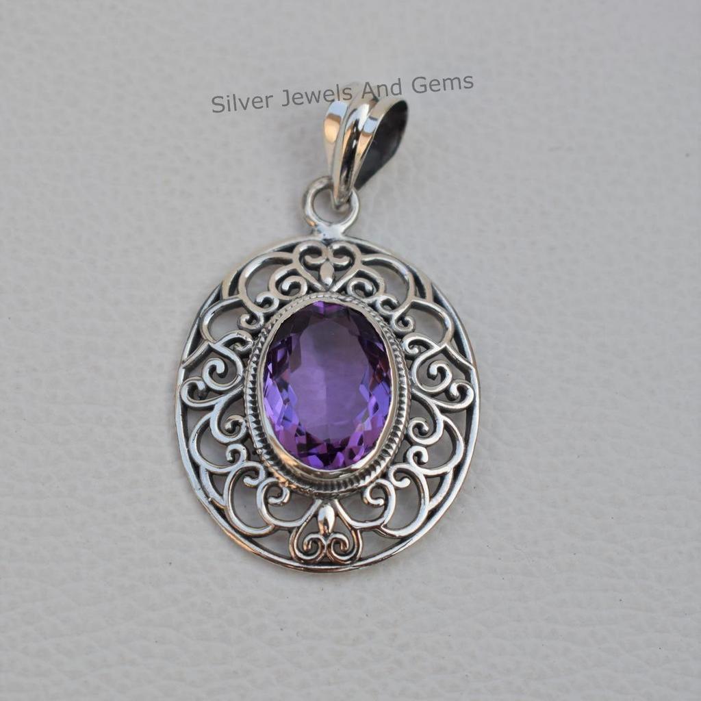 Natural Amethyst Pendant, Handmade Pendant, 925 Sterling Silver Pendant, Oval Amethyst Designer Pendant, Anniversary Pendant