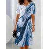 Blue And White Marble Patterned Asymmetric Hem T-Shirt Dress Adorned with Golden Sparkles