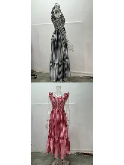European American Women's Retro Plaid Sleeveless Maxi Dress with Thin Straps & Ruffles