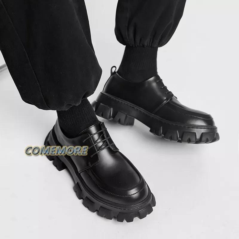 Male Leather Shoes Men's 2024 New Chunky Platform Retro Work Shoes Spring Autumn Low Top Man Casual Flats British Style Lace-up
