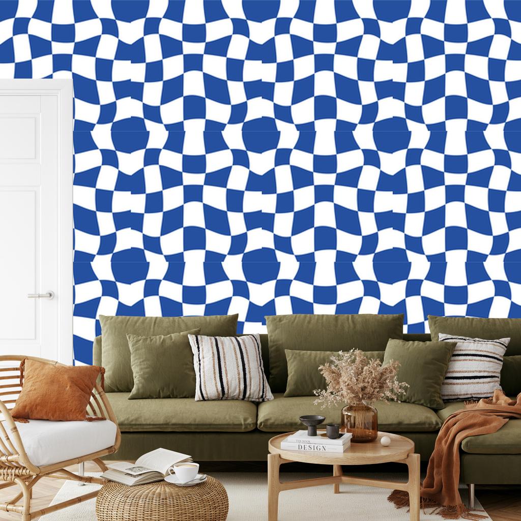 Wallpaper Casual Checkerboard Blue for Living Room and Bedroom 50x1000