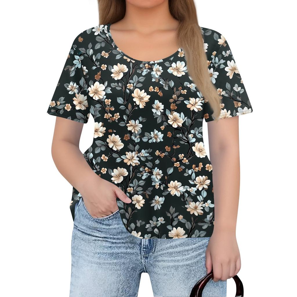 Moda pentru damă, mărime mare, cu gât rotund, cu mânecă scurtă, cu imprimeu casual, pulover, top