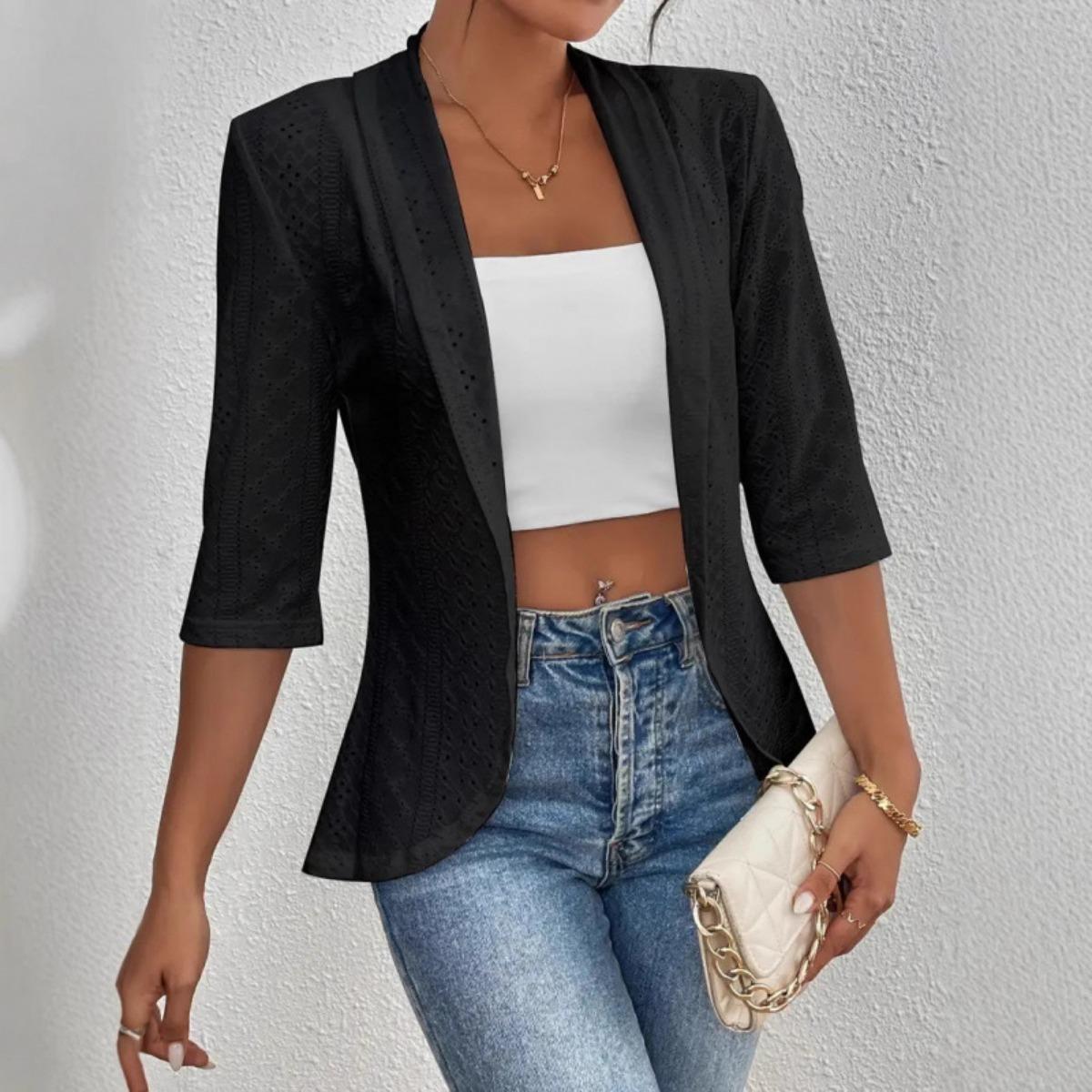 

Женская однотонная повседневная тонкая куртка с рукавом средней длины S чёрный