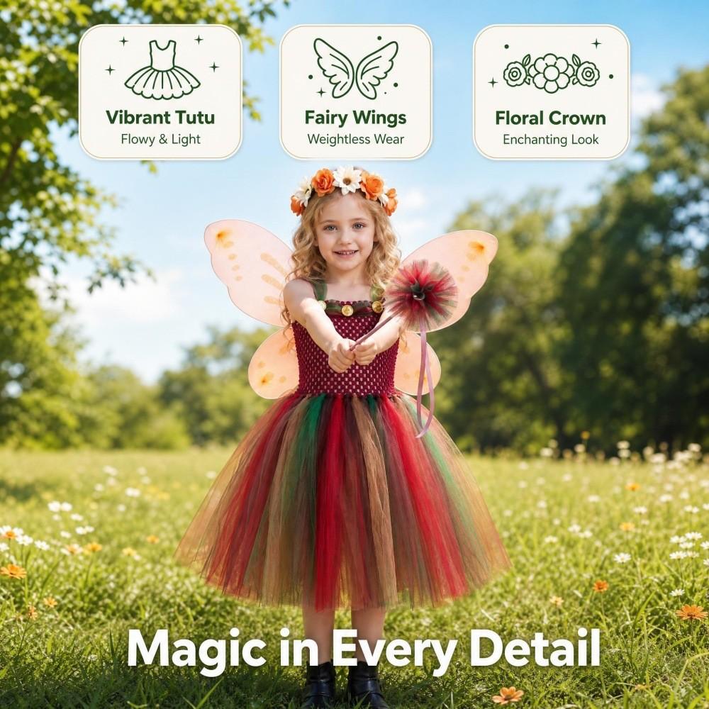 Forest Fairy Girl Costume Dress With Tulle Skirt Butterfly Wings Magic Wand For Toddler Girls