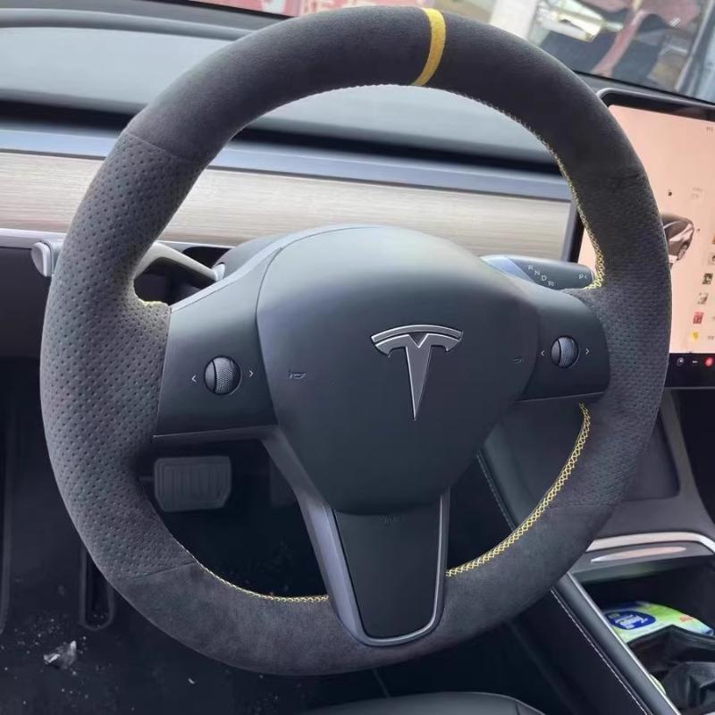 

Для Tesla Model 3 Model Y 2018- Ручна прошивка Нековзкий Чорно-білий Шкіряна накладка на кермо автомобіля 7