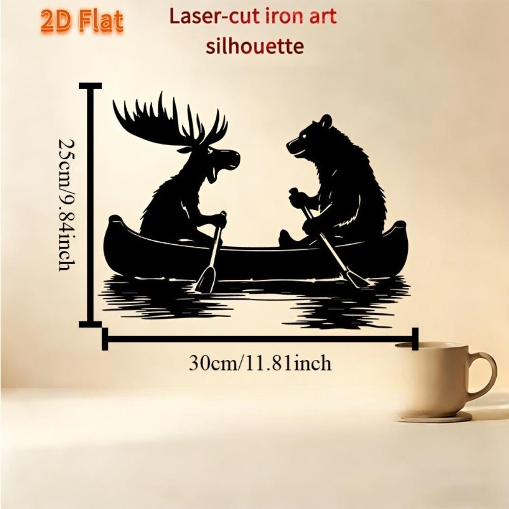 

1pc Moose Bear Canoeing Metal Wall Art, Vintage Iron Wall Decor Weather Resistant for Patio Garden Fence Outdoor Accent 12in