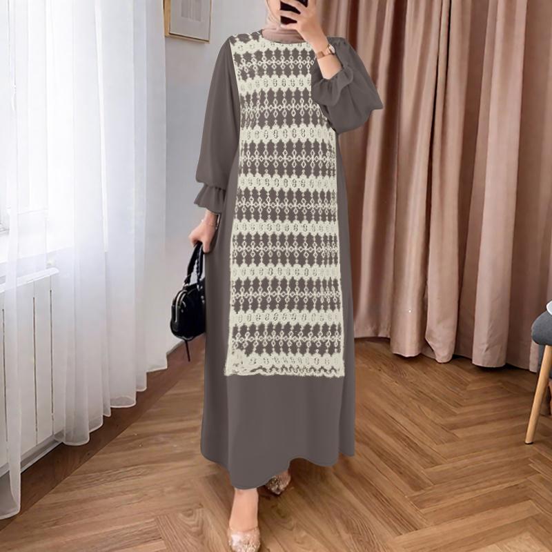 

ZANZEA Женское повседневное платье с круглым вырезом, длинными рукавами, свободного кроя, с кружевной отделкой пэчворк L светло-коричневого