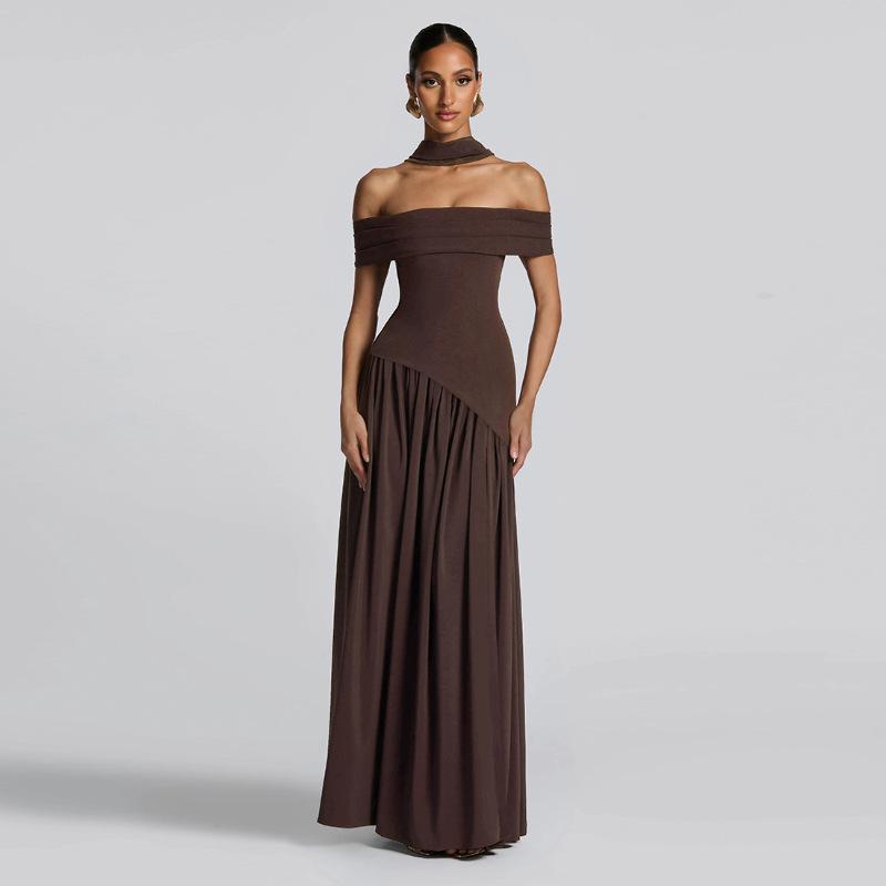 European and American women s clothing one-word shoulder solid color split-ended dress fashionable and sexy backless high split-ended dress S чёрный